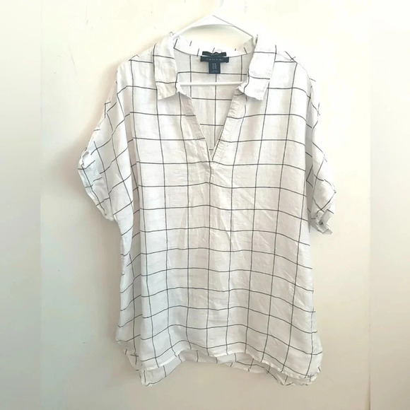 Tahari Blouse Linen Grid Windowpane Print Boxy
Split Neck Top Minimalist Mature - Picture 2 of 5
